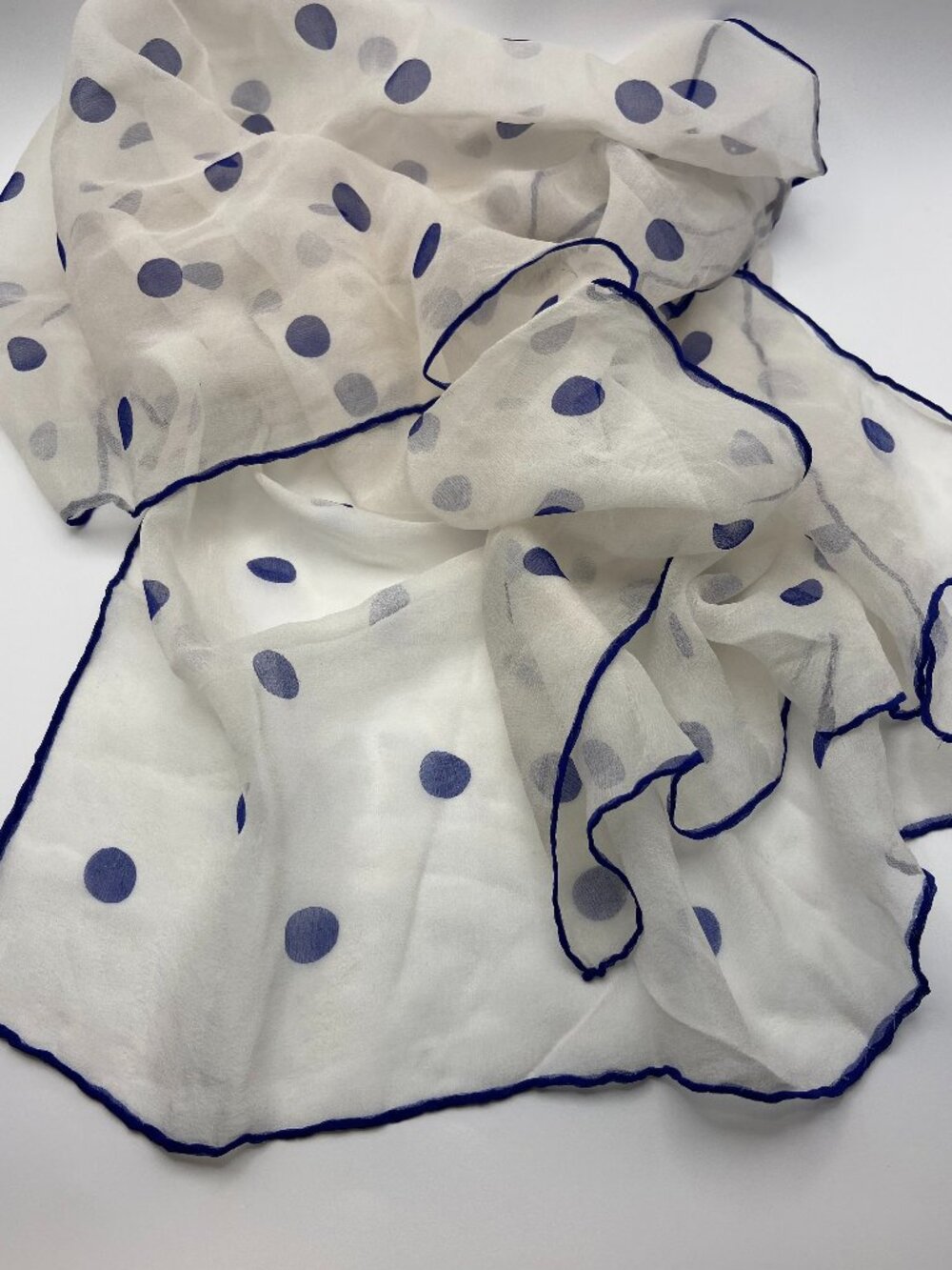 Vintage Long White/Navy Small Polka Dot Pattern Chiffon 50's/60's Blue Trim